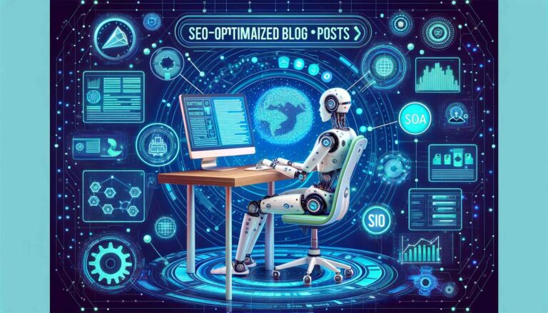 Design an image for a blog post about AI Generated SEO Optimized Blog Posts. The image should feature an AI themed background with digital patterns
